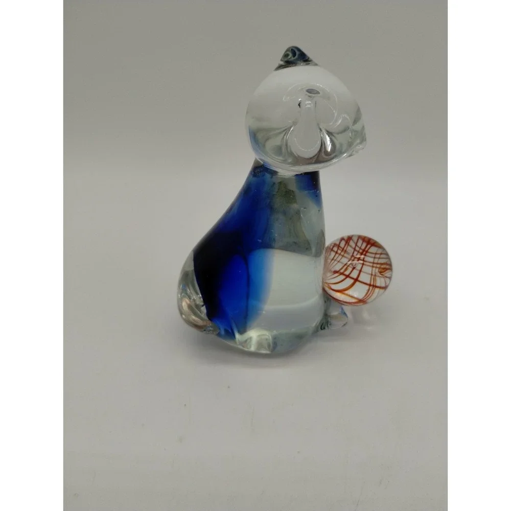 Art Glass Cat Kitten Figurine Paperweight Clear w/ Cobalt Blue Orange Ball Yarn